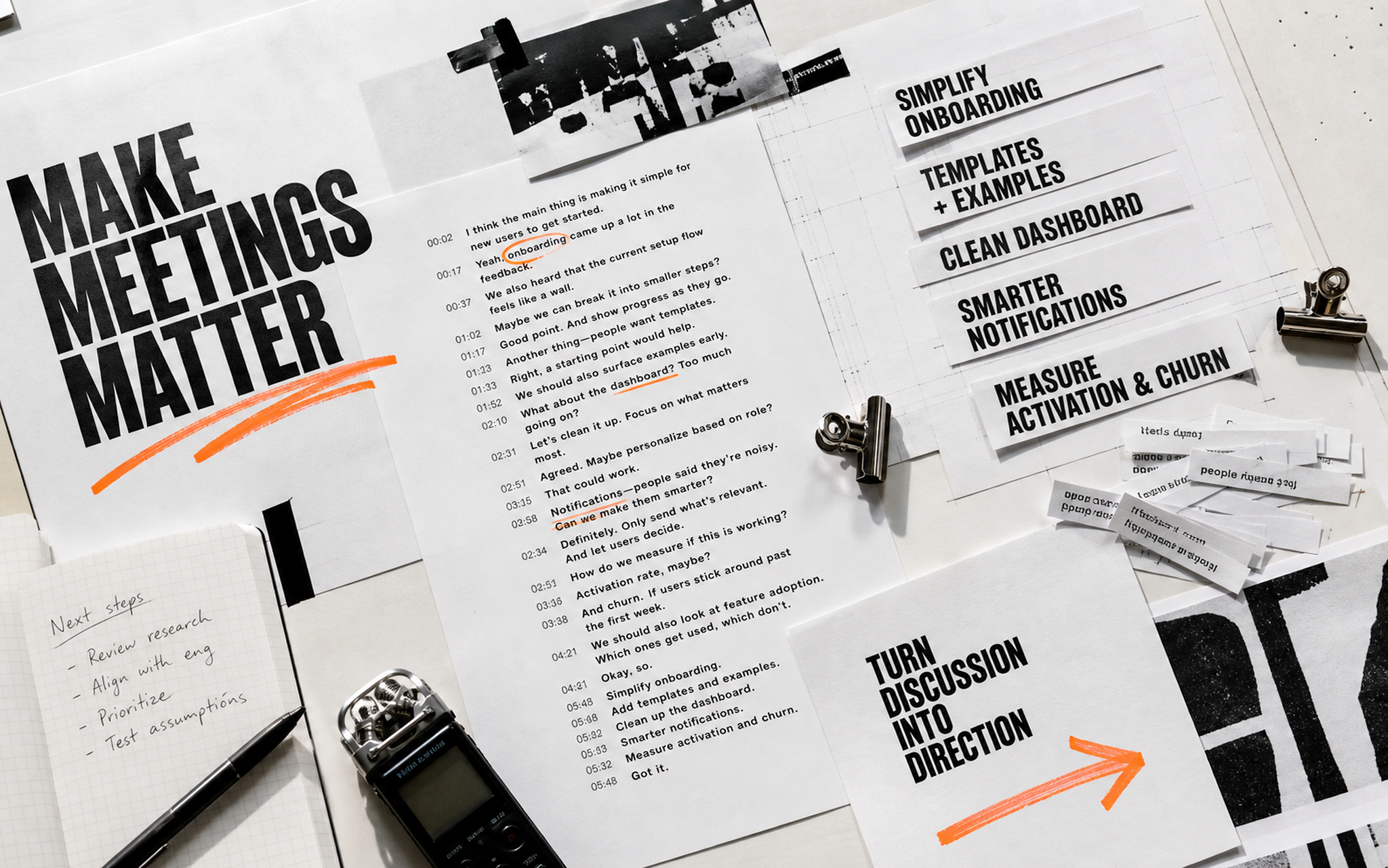 Editorial worktable with a synthetic meeting transcript, cut paper tasks and orange annotations.
