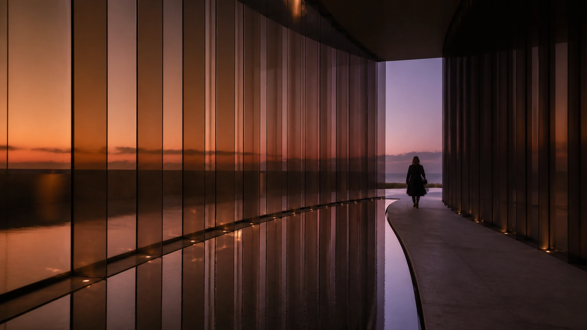 Concept final threshold with smoked glass and a reflective water plane.