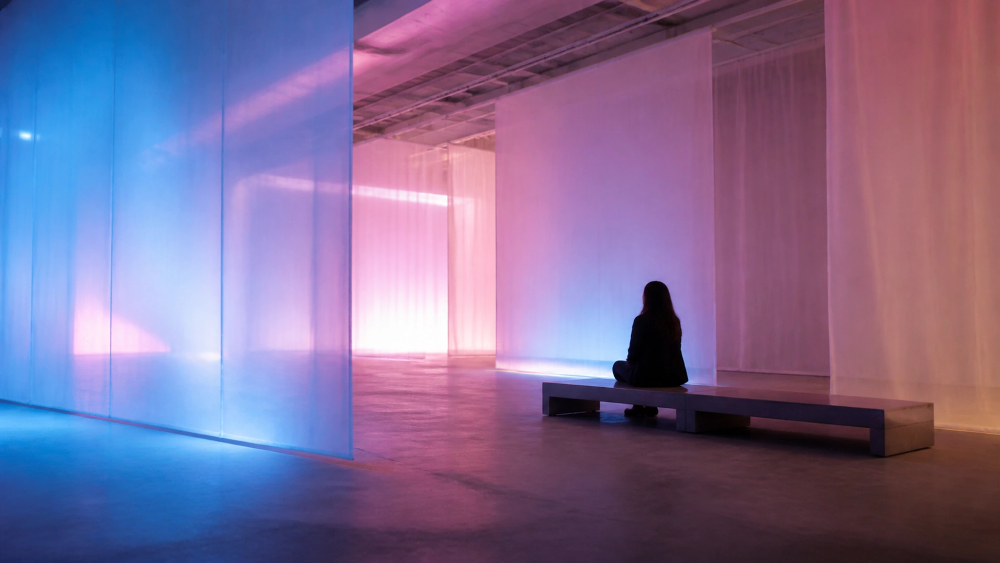 Concept gallery filled with slow chromatic light across translucent planes.