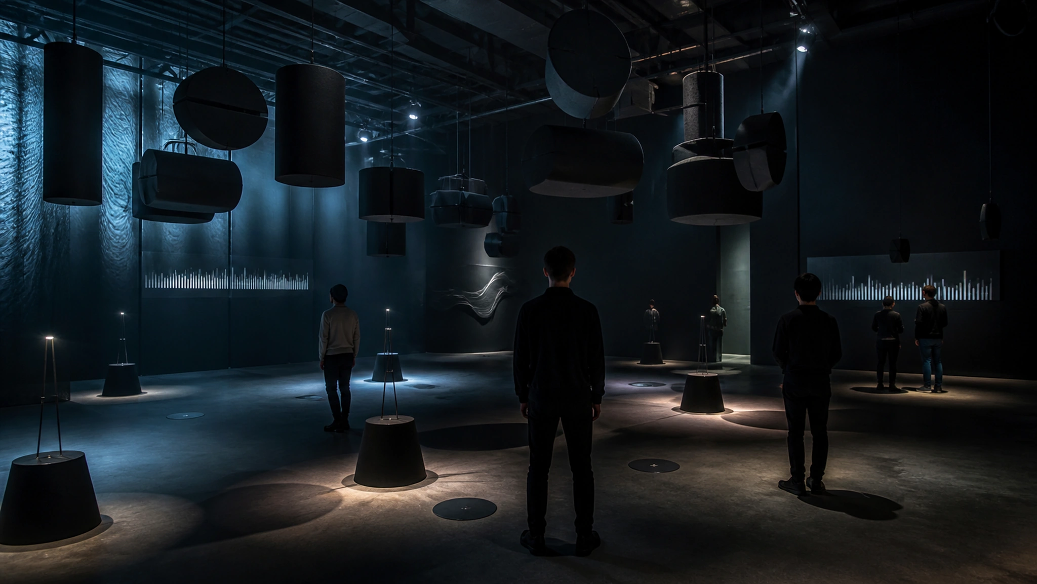 Concept image of a dark spatial sound installation with acoustic forms.