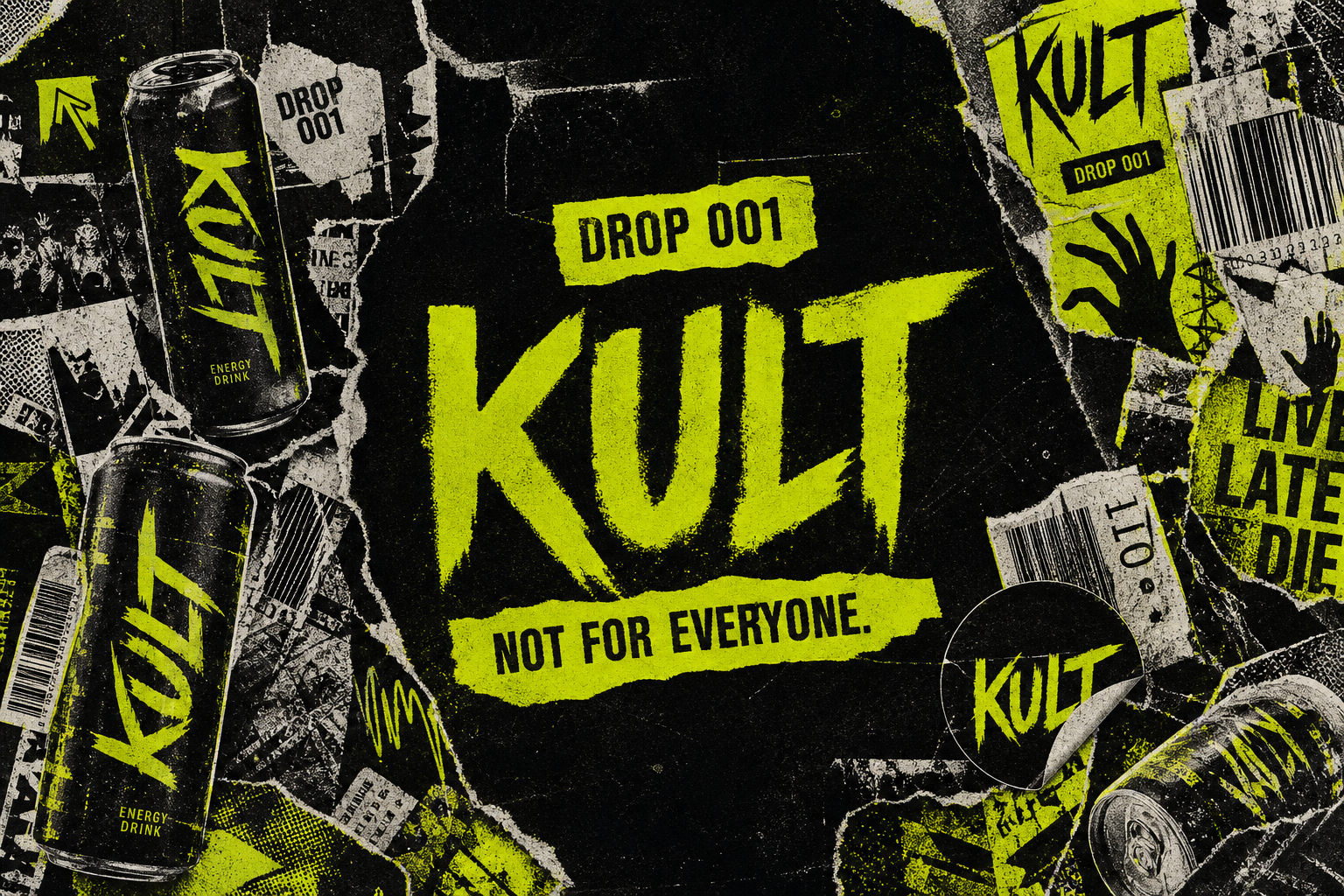 KULT zine collage with cans, torn posters, and acid-lime drop graphics