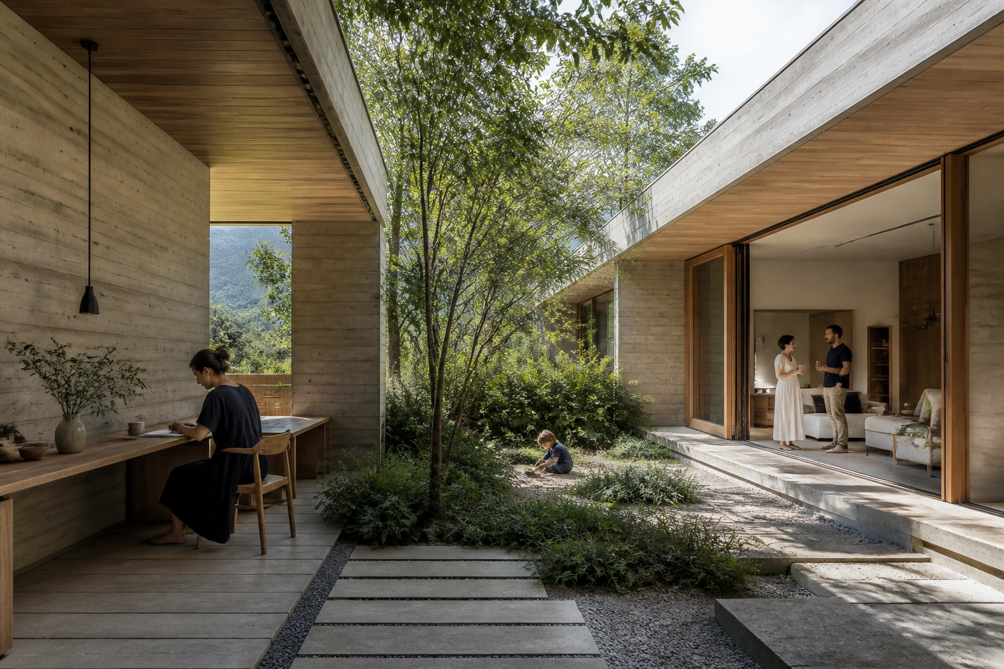 Sheltered residential courtyard in everyday use