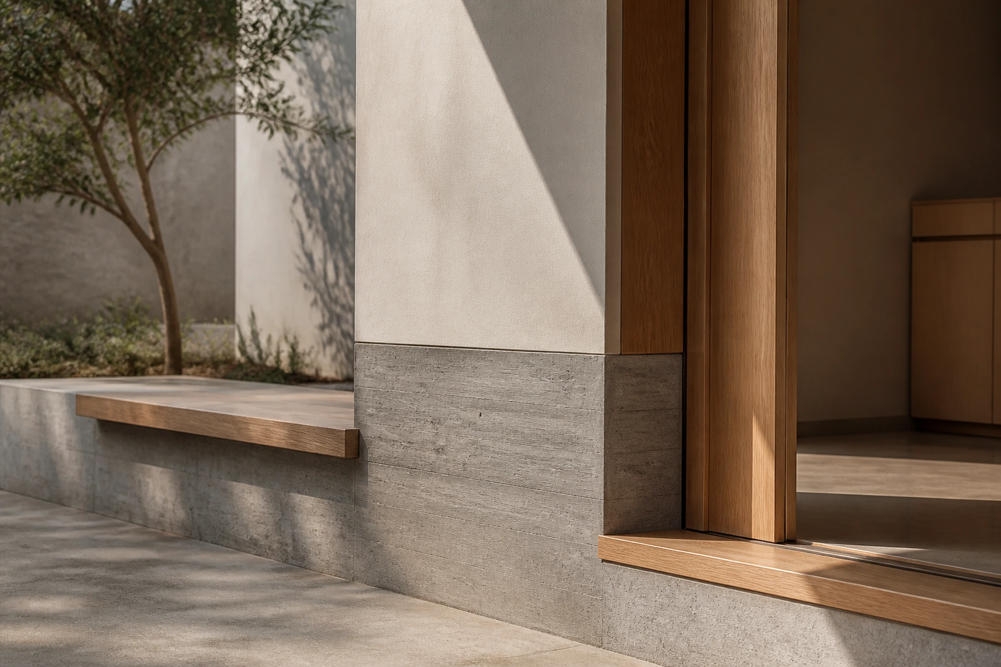 Concrete, timber and pale plaster material junction study