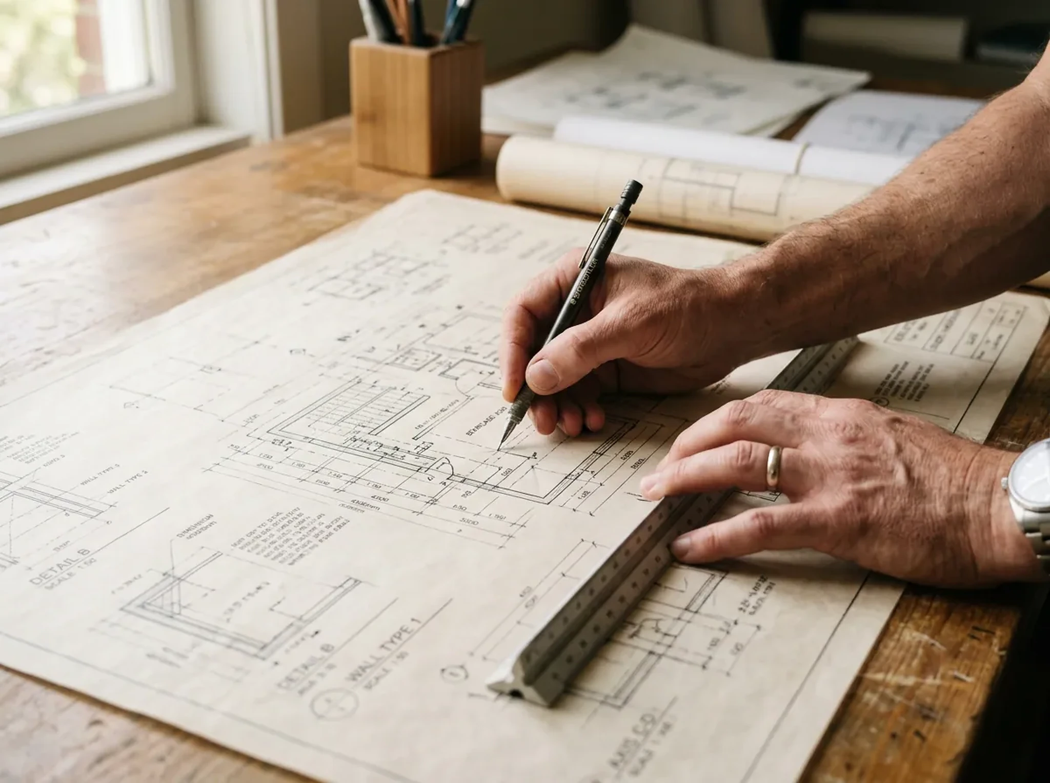 Architect reviewing a continuous residential plan