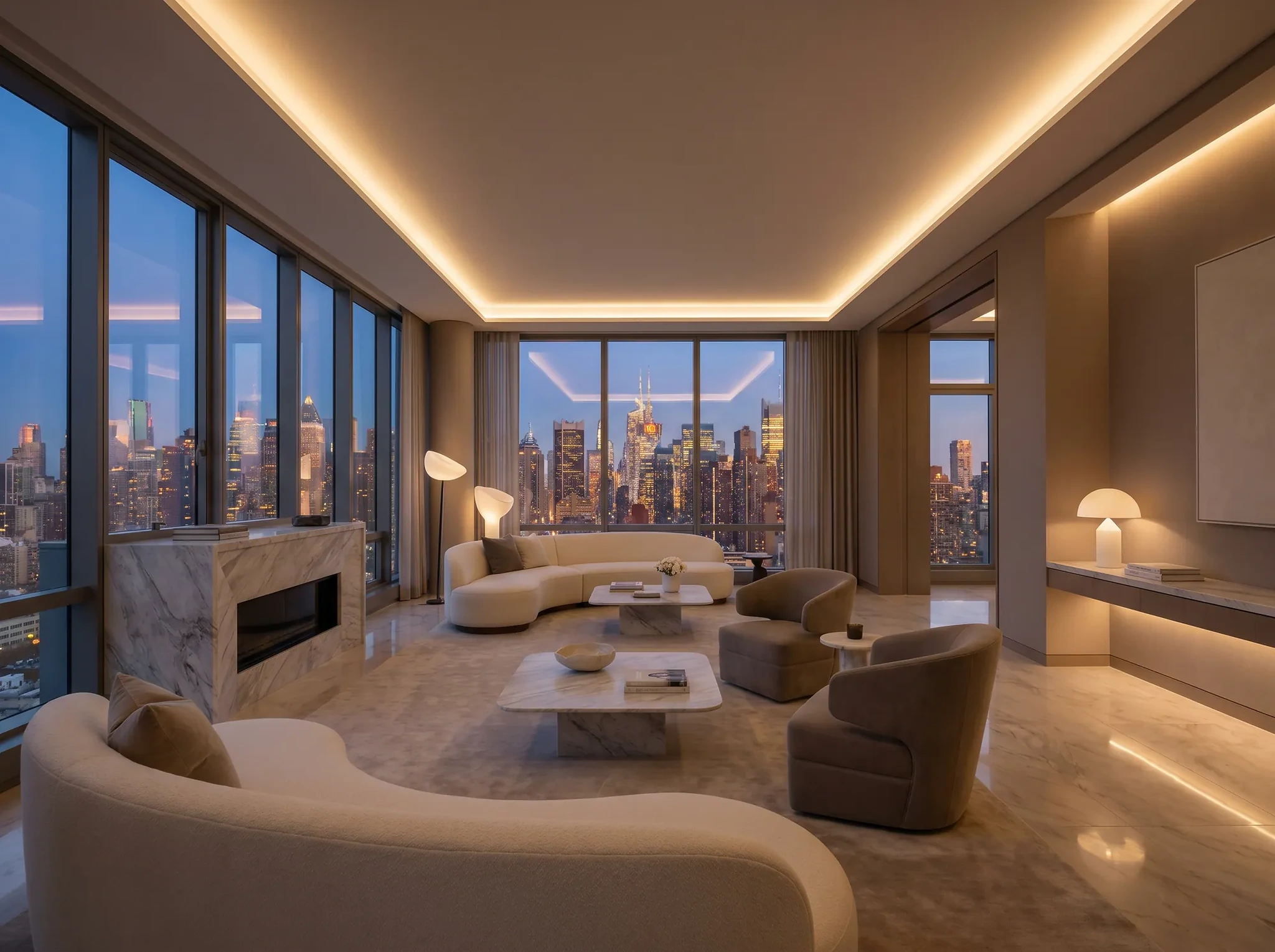 Penthouse interior with framed city views